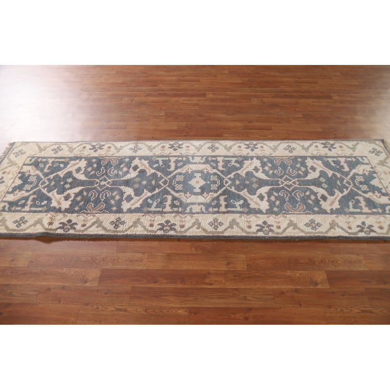 Blue Oushak Style Runner Rug Hand-knotted Wool Carpet - 2'6"x 8'0"