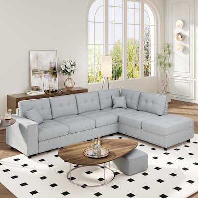 109.2" L-Shaped 5 Seater Modular Sectional Sofa with Removable Back Cushions, 2 Pillows, in High-Quality Linen
