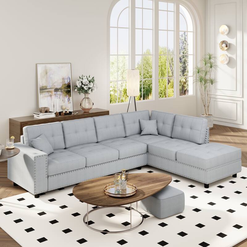 109.2'' Elegant L-Shaped 5 Seater Modular Sectional Sofa with Removable Back Cushions and 2 Pillows, Vintage-Inspired Design - Light Gray