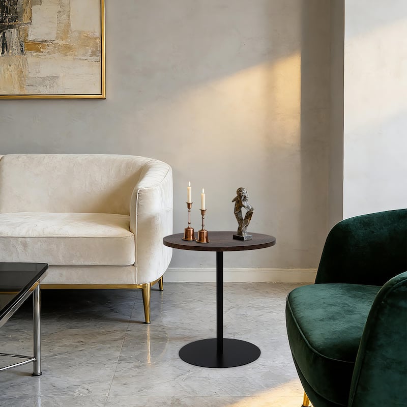 Set of 2 Small Round Side Table Wooden Concentric Circles Coffee Table for Two Metal Pedestal Nightstand for Corner Small Space