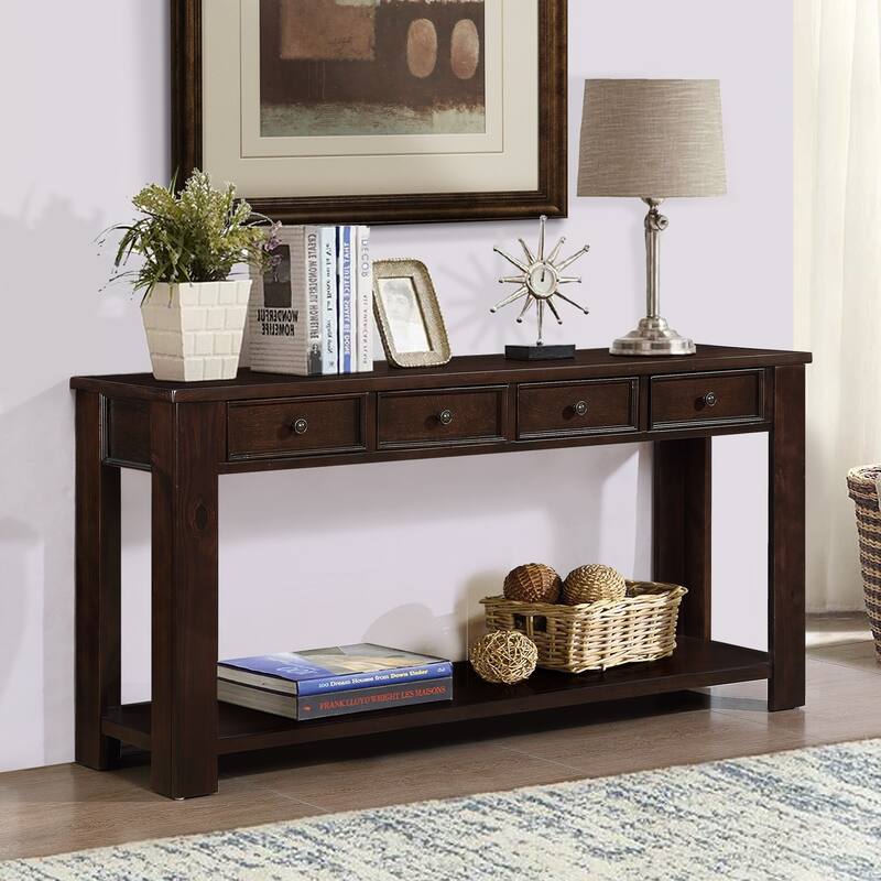 Pine Wood Console Table with 4 Drawers and Bottom Shelf for Entryway Hallway