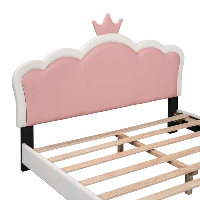 Twin/Full Size Upholstered Princess Bed with Crown Headboard, Cute Platform Bed Frame with Headboard and Footboard for Kids