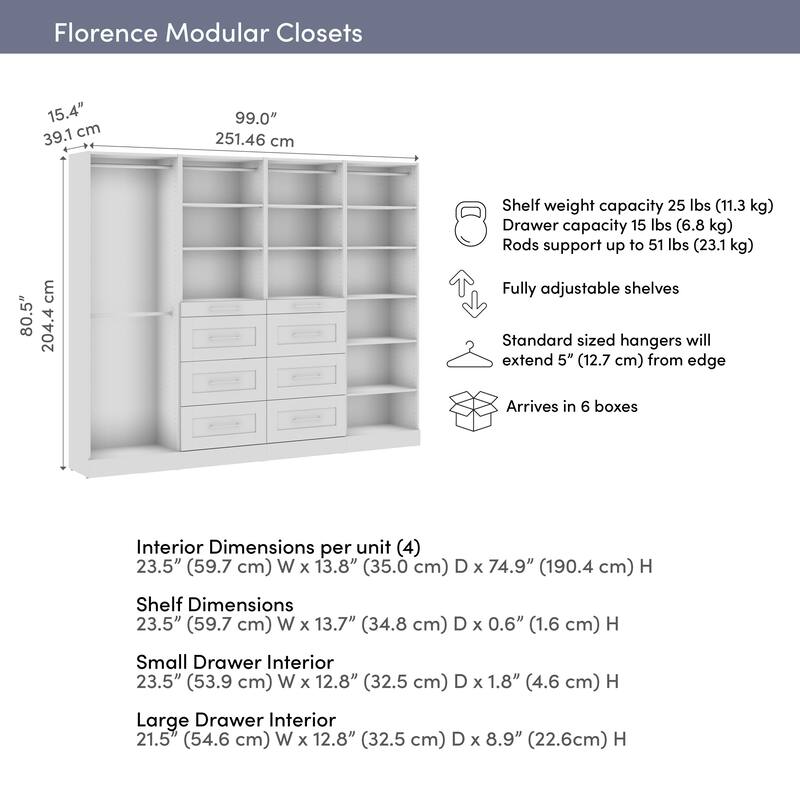 Bestar Florence 100W x 16D Closet System with Rods, Drawers, Shaker