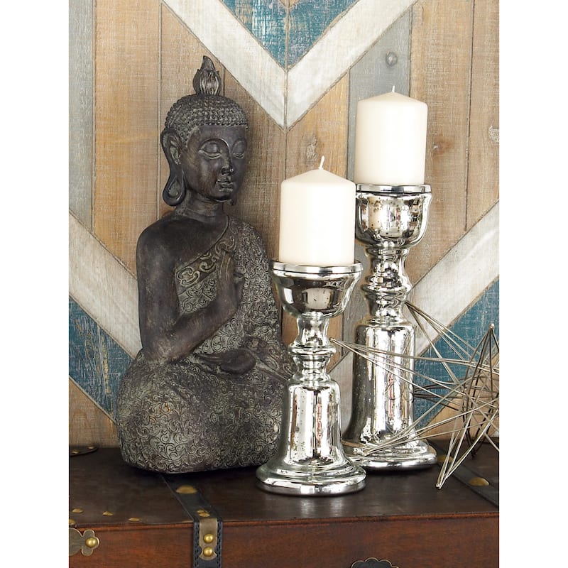 Glass Handmade Turned Style Pillar Candle Holder - Set of 2 Silver - Roche River Decor - 5"W x 5"L x 12"H