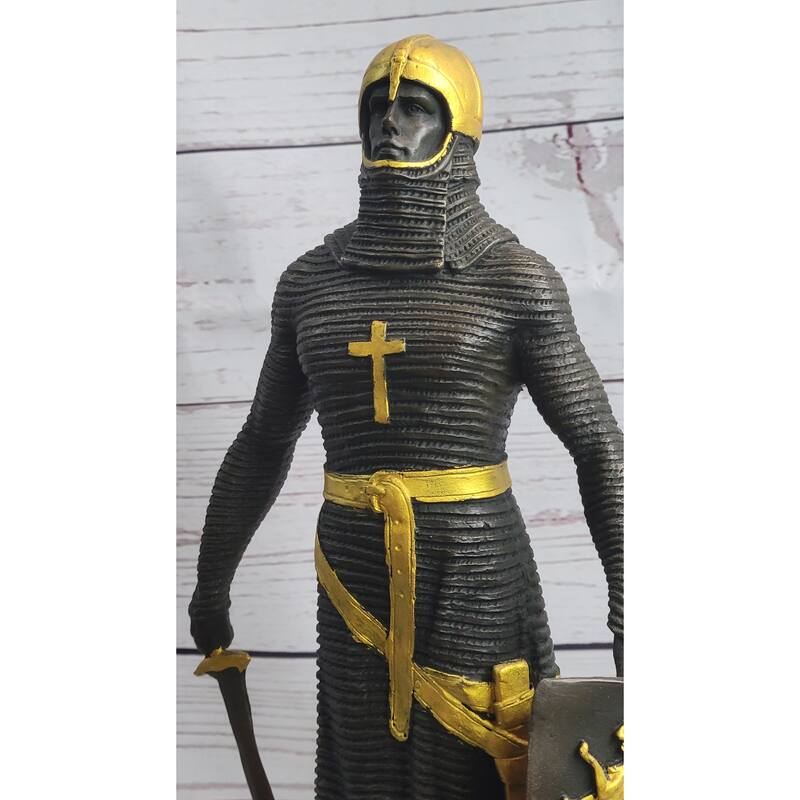 Medieval Templar Knight Crusader Soldier Warrior Bronze Sculpture Statue Figure Marble Base
