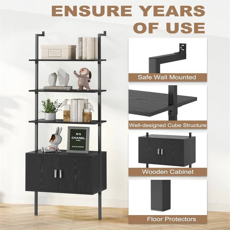 Ladder Bookshef with Cabinet Wall Mounted Bookcases - 13.8"D x 23.6"W x 72.8"H