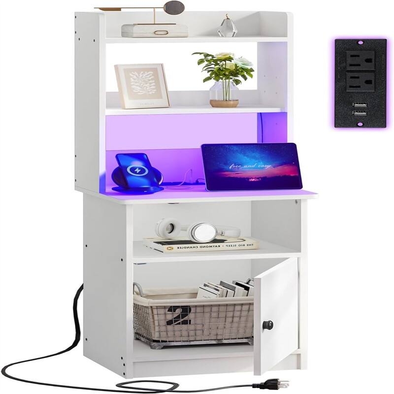 47" Tall Nightstand with Charging Station & LED Lights - White + Oak