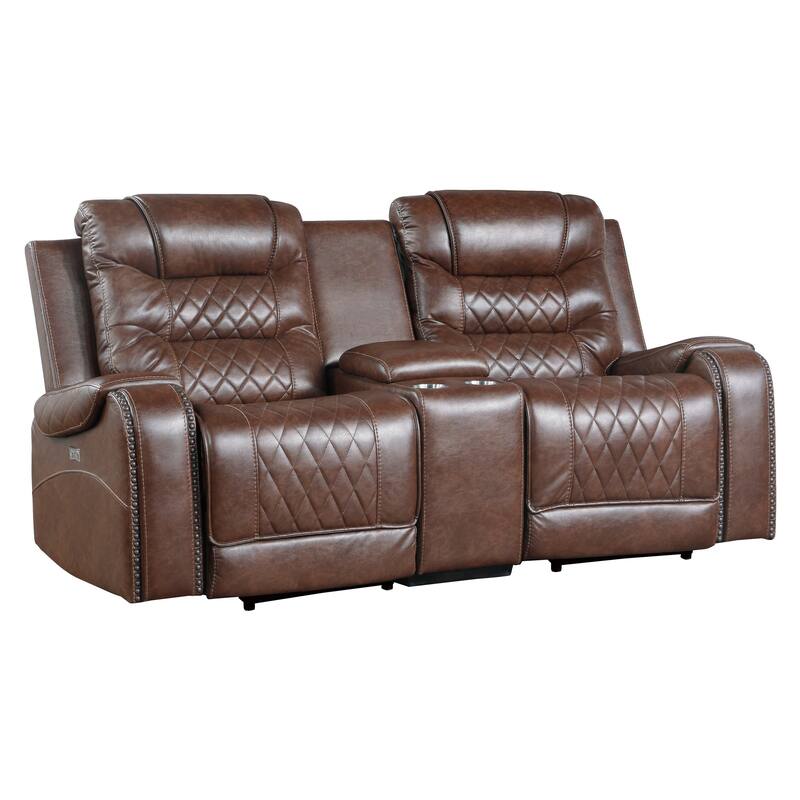 Paul 78 Inch Power Recliner Loveseat, Cupholder Console, Brown Faux Leather