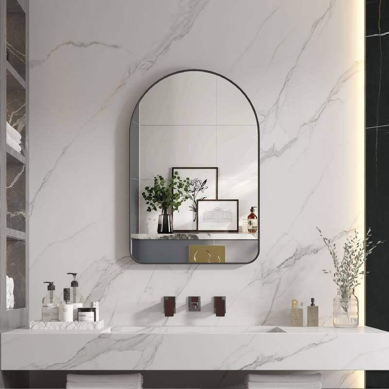 24 in./28 in. W x 36 in. H Bathroom Wall Mounted Arched Anodized Aluminum Framed Mirror - Matte Black-24'' W