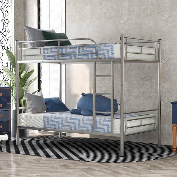 slide 2 of 14, Silver Twin over Twin Metal Bunk Bed with Fence and Ladder for Kids Silver