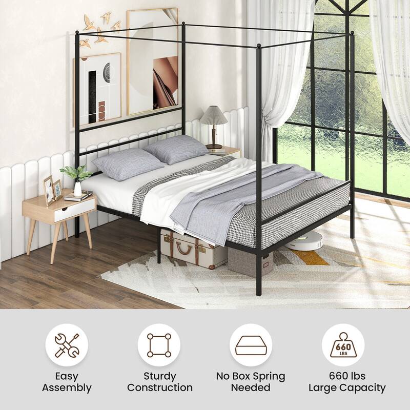 Gymax Twin/Full/Queen Metal Canopy Platform Bed Frame Mattress