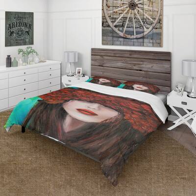 Designart 'Portrait Of A Young Woman With Red Flowers' Modern Duvet Cover Set