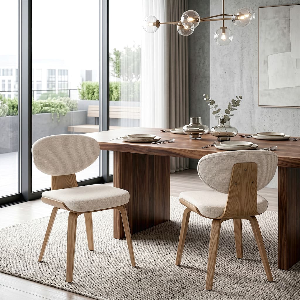 Set of 2 Bernique Beige Washed Woven Fabric Dining Chair with Natural Wood Legs
