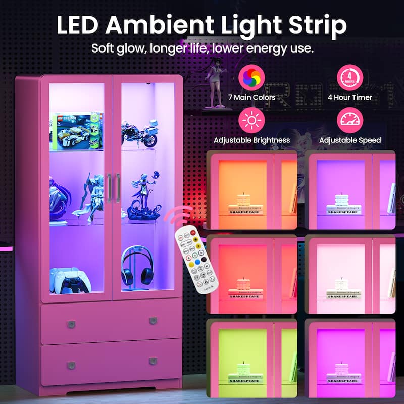 64'' Tall Display Cabinet with Acrylic Doors and LED Lights - N/A