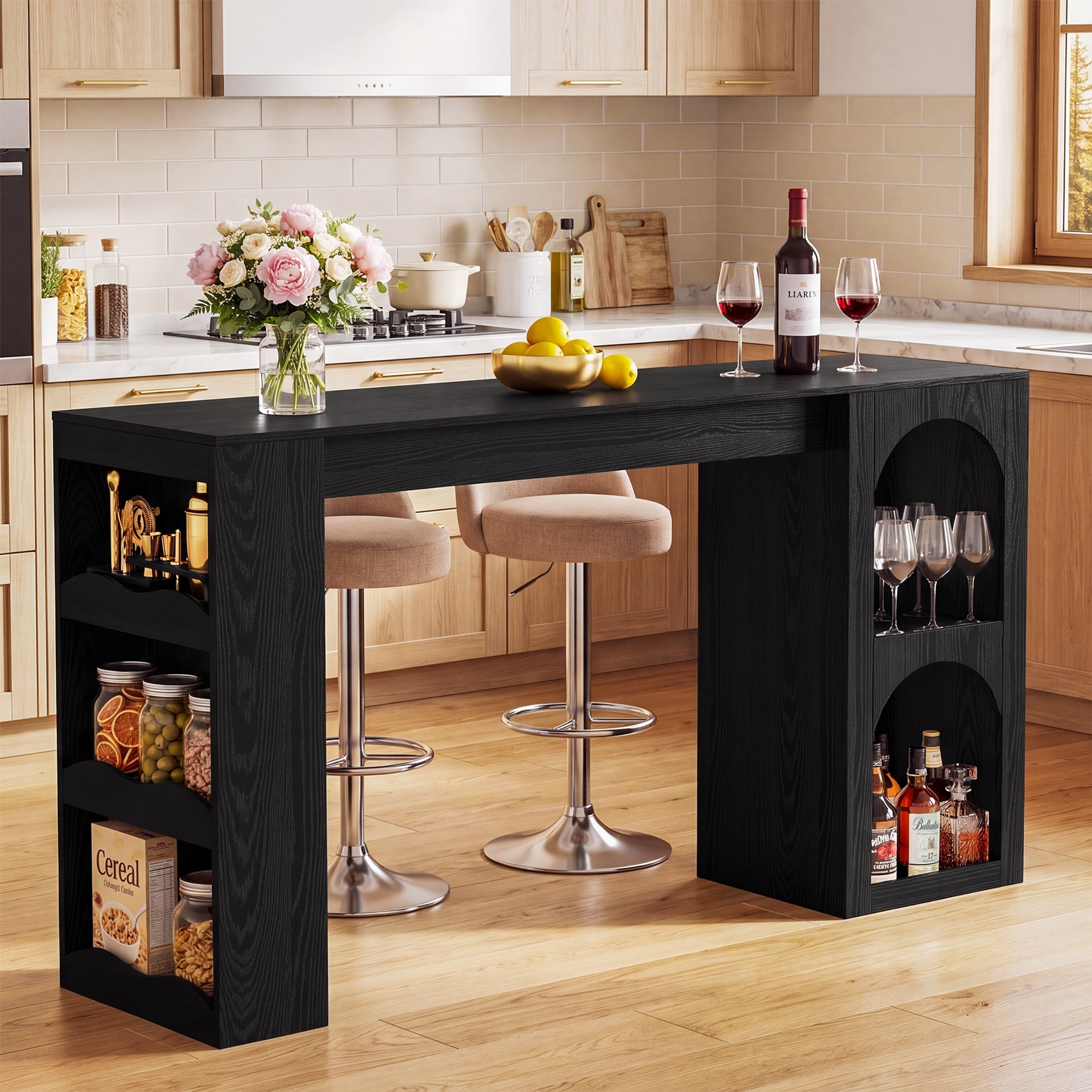 63-Inch Counter Height Bar Table with Dual-Sided Storage, Black - 62.99" W × 15.75" D × 37.4" H