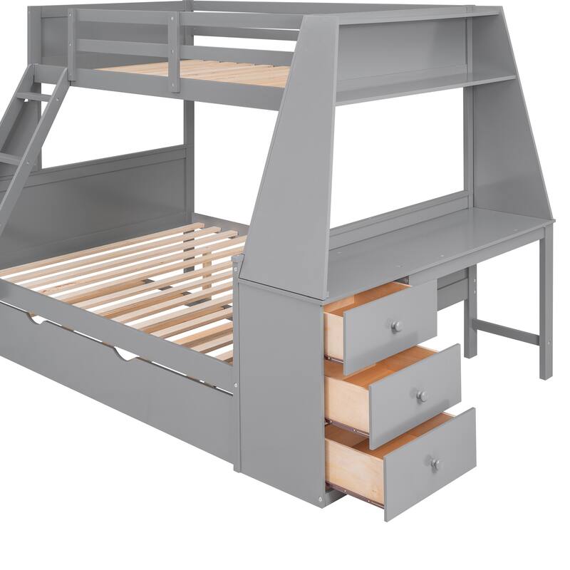 Twin over Full Bunk Bed with Trundle, Built-in Desk, Drawers, and Shelf, Gray