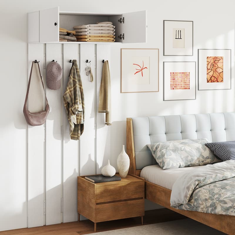 Engineered Wood Wall Coat Rack with Hooks and Cabinet - 35 x 13 x 82.6 in.