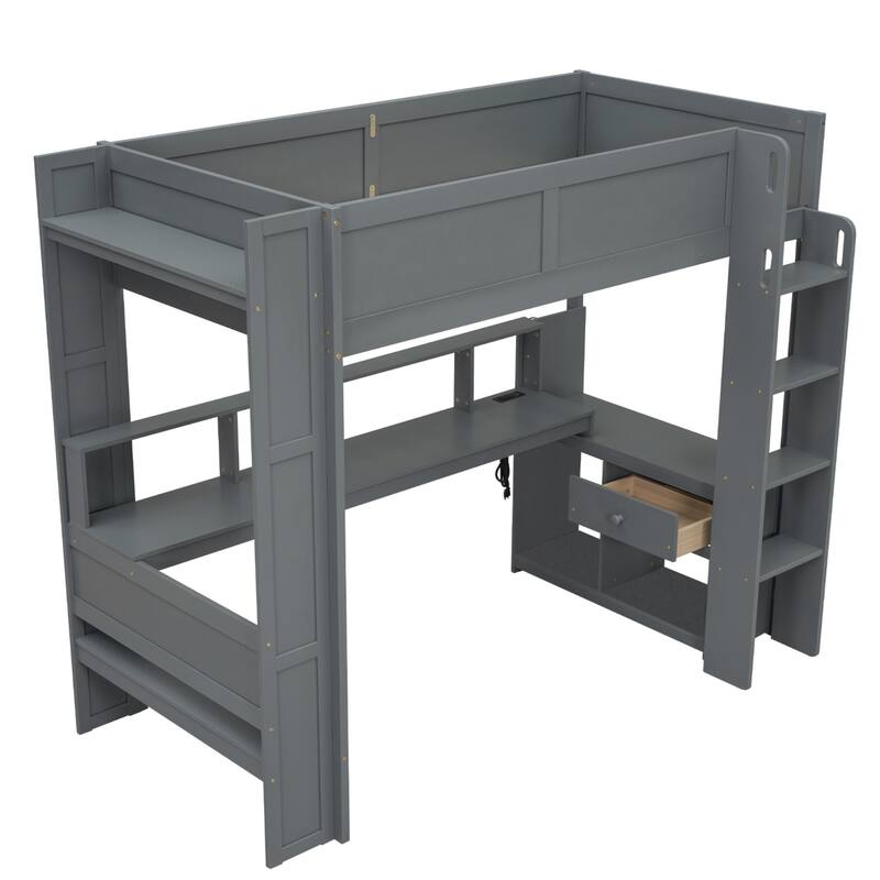 Gaming Loft Bed with Desk, LED & Charging Station, Mulfunctional Wood Loft Bed Frame with Storage Shelves & Drawer