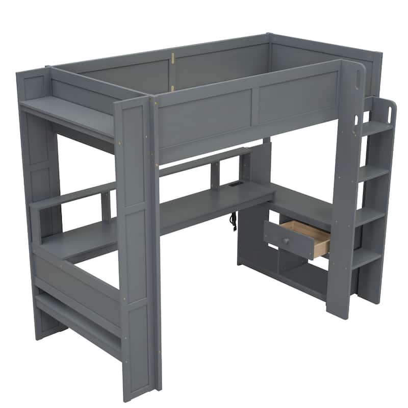 Wood Gaming Loft Bed with Desk, Multi-storage Shelves, LED and Charging Station