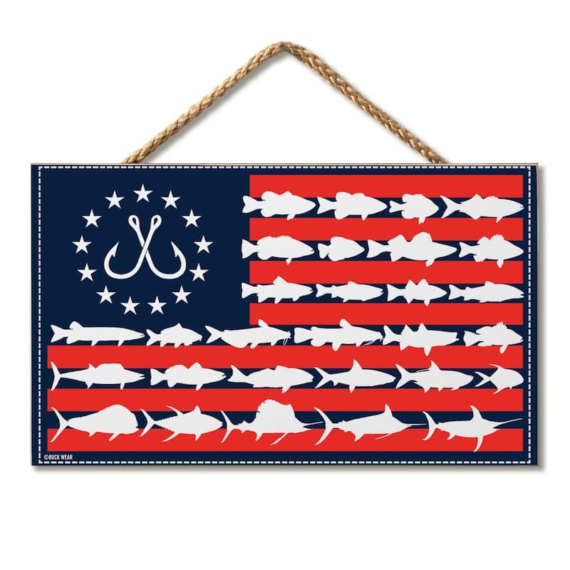 Fish Flag Hanging Wood Sign 9.5" x 5.75" Made in the USA - Multi