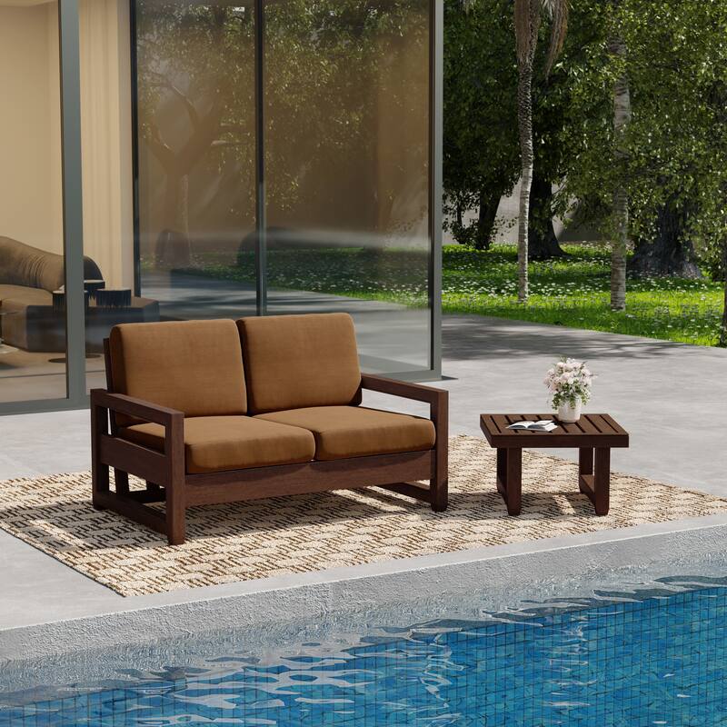 Teak Wood Cushioned Outdoor Patio Loveseat Set with Side Table