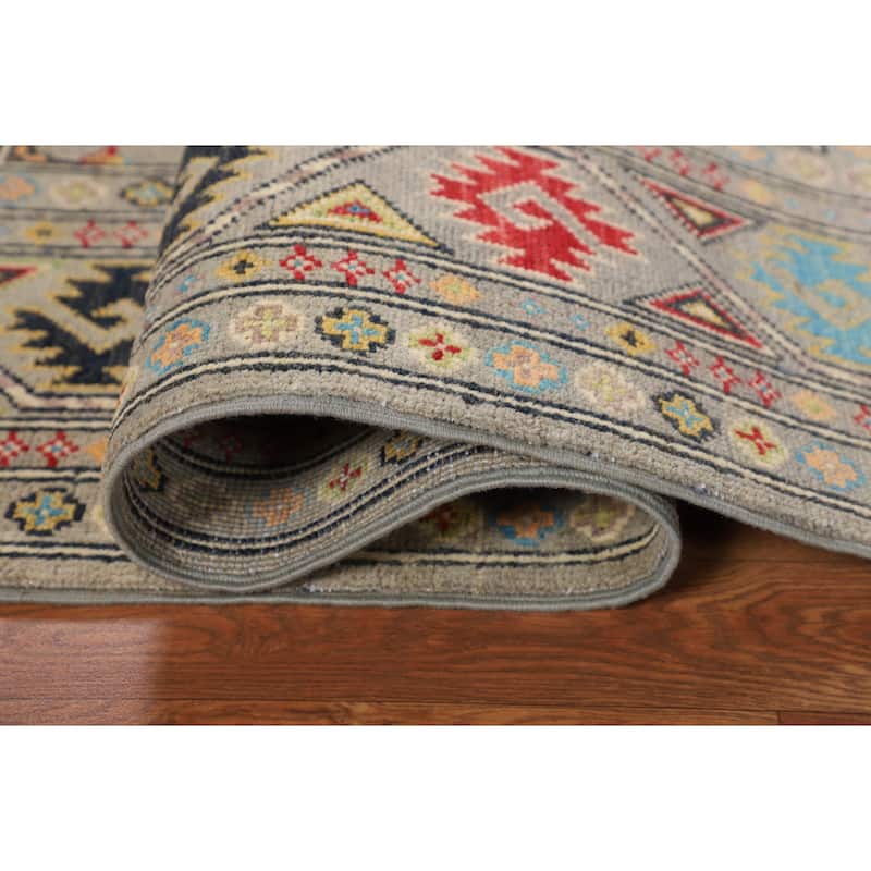 Geometric Kazak Rug Handmade Oriental Grey Wool Carpet - 4'2" x 6'0"
