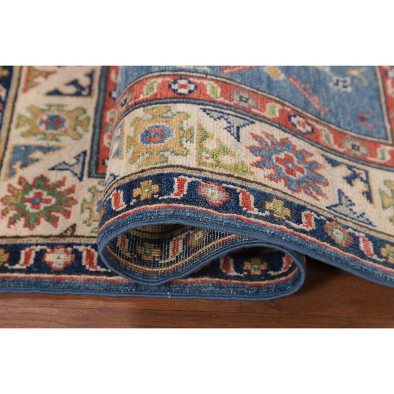 Blue Geometric Kazak Accent Rug Handmade Wool Carpet - 2'8" x 4'3"