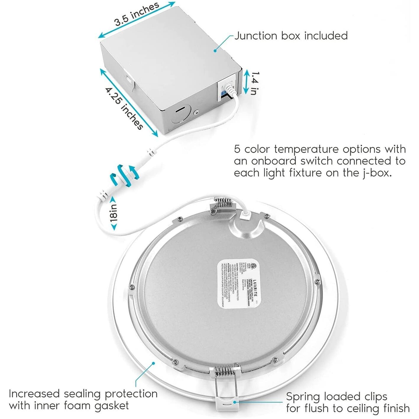 LUXRITE 4" LED Recessed Light With J-Box, 18W, 1500 Lumens, 5 Color Selectable, Dimmable, Wet Rated, IC Rated, ETL Listed LR24930-1PK - View #14