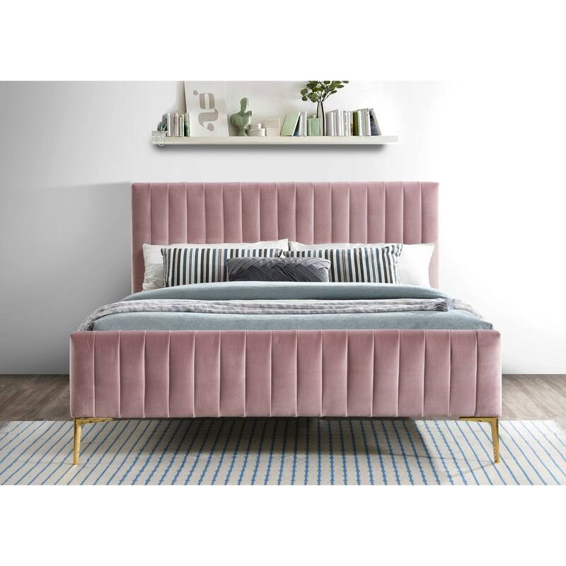 Omax Decor Julia Upholstered Platform Bed with Channel Tufted Headboard and Gold Legs