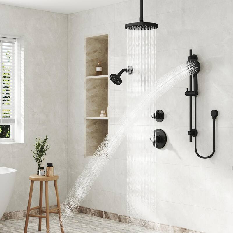 5-Spray Shower System with 8 in. Rainfall Head, 4 in. Shower Head and Handheld Shower, Valve and Adjustable Slide Bar Included