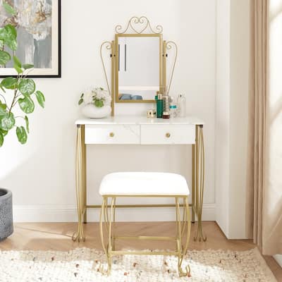 Vanity Mirror Table Set with Stool and 2 Drawers