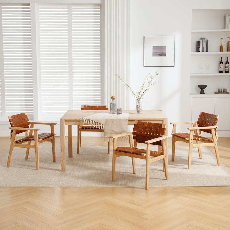 Woven Leather Dining Chairs with Solid Wood Frame - 29.7"H x 21.7"W x 22.8"D