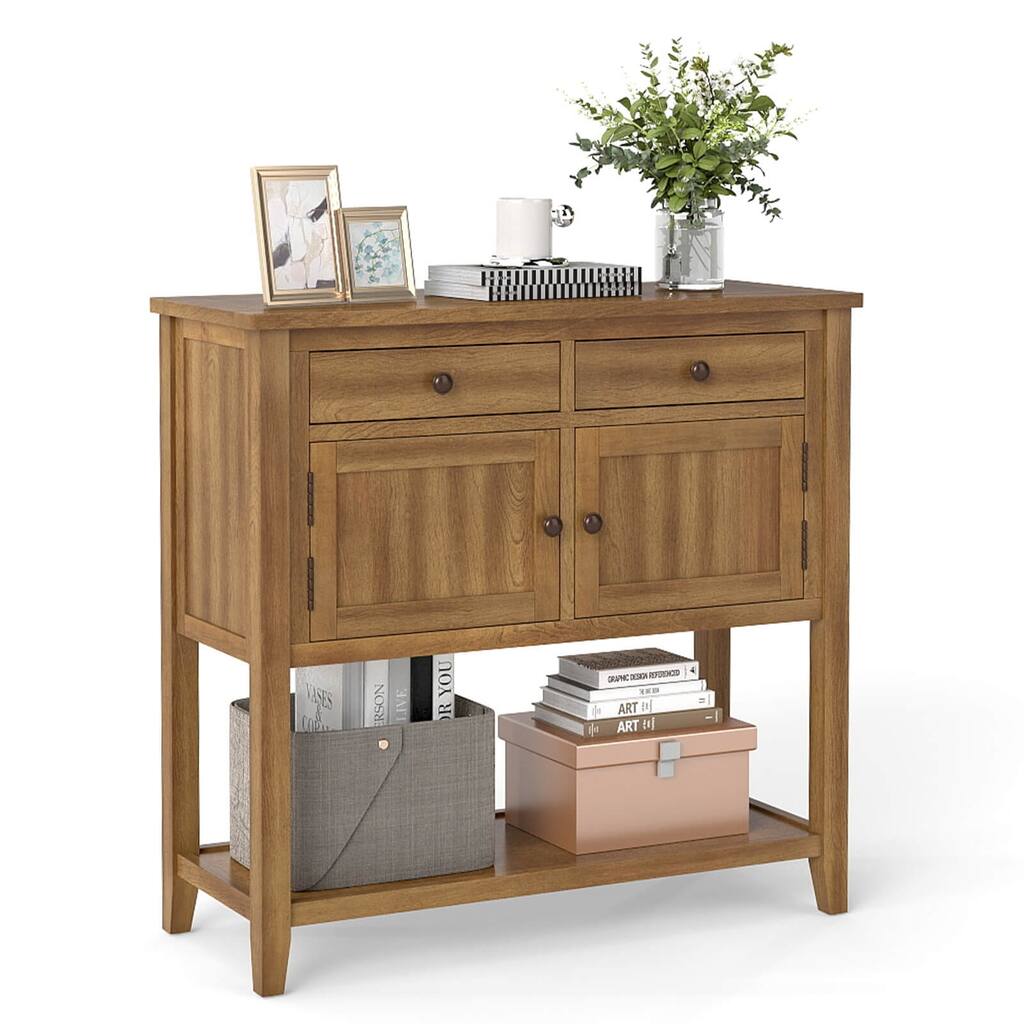 Costway Mid-Century Console Table with 2 Drawers, 2 Cabinets & Bottom - See Details