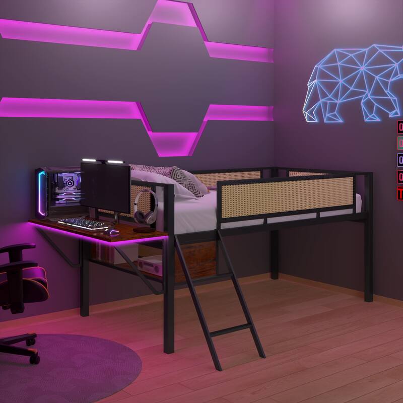Metal Loft Bed with Desk, LED Lights & Storage
