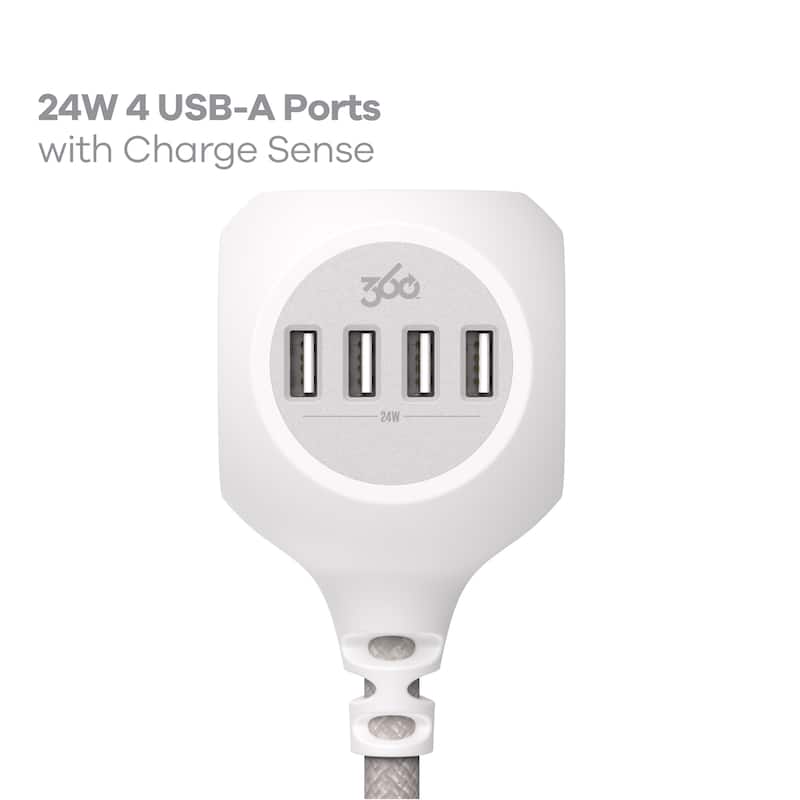 360 Electrical PowerBall 24W 6ft. Braided 3-Outlet Charging Hub Extension Cord w/ 4 USB-A ports