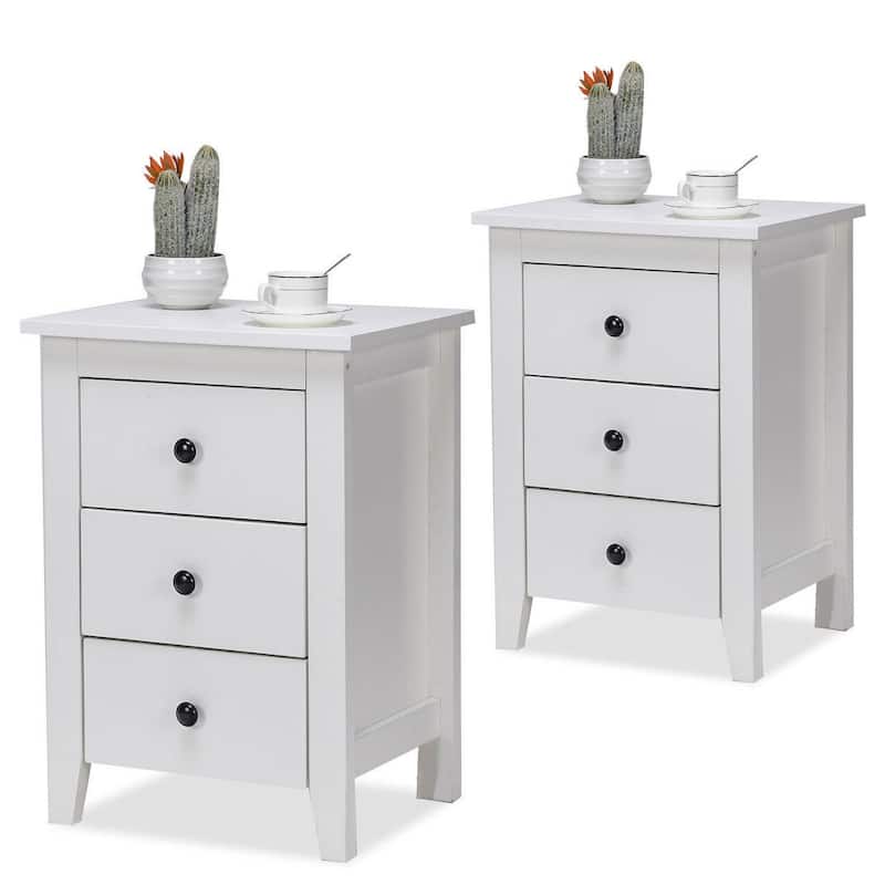 Costway 2PCS Nightstand End Beside Table Drawers Modern Storage - White - 3-drawer