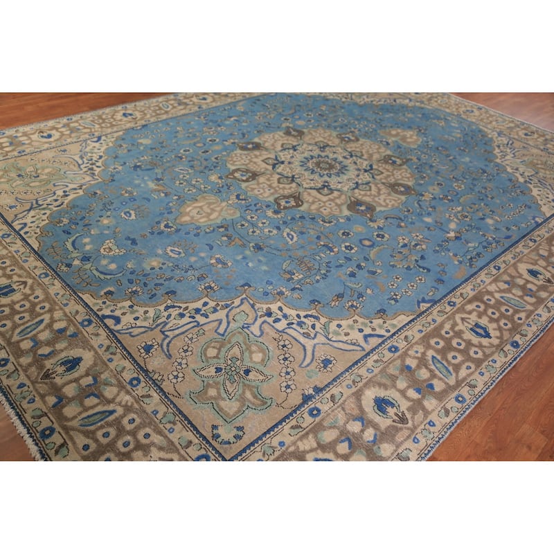 Blue Floral Tabriz Persian Area Rug Oriental Hand-Knotted Wool Carpet - 9'8"x 13'0"