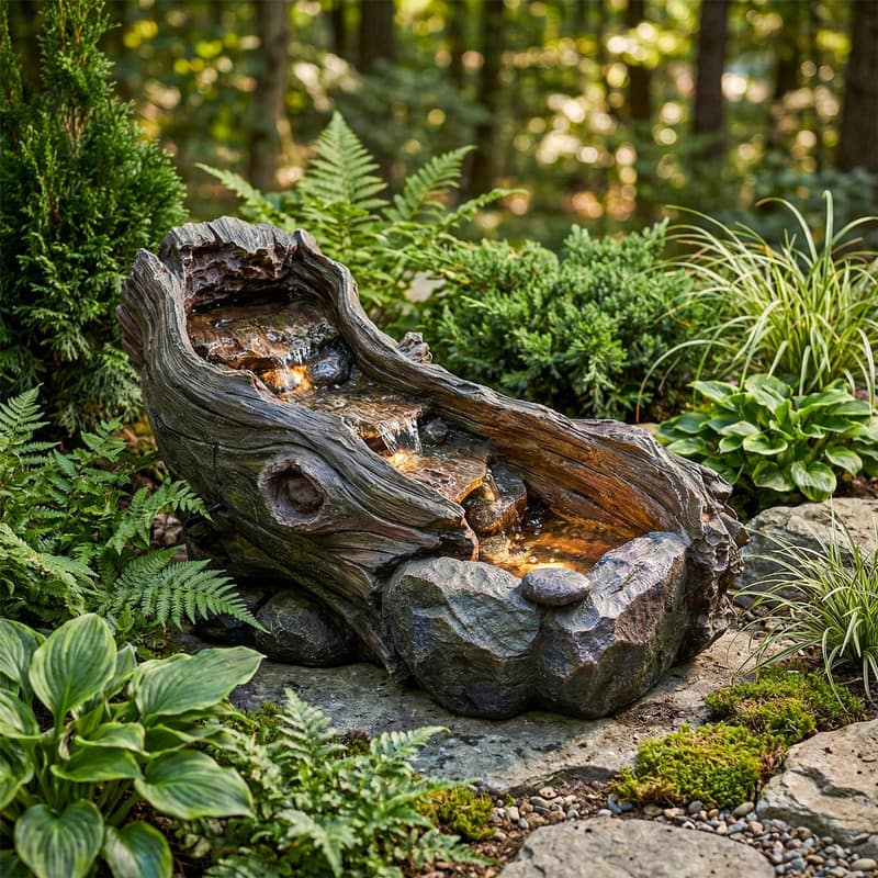 Driftwood and Rock Style Tiered Water Fountain with LED Lights Outdoor Garden Decor