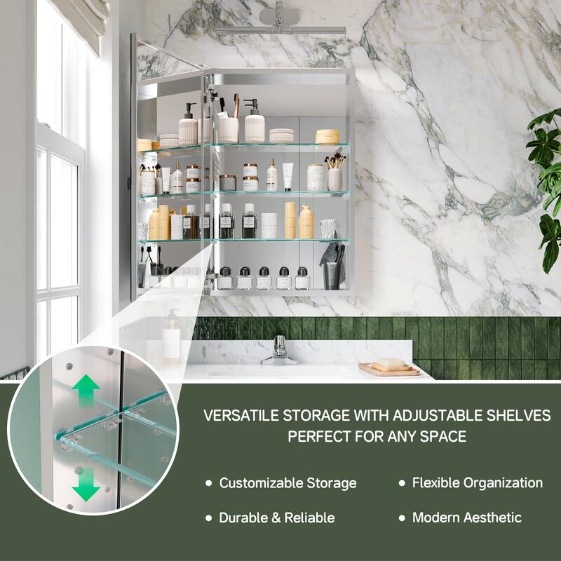 20x30 in Bathroom Medicine Cabinet, Tri-View Mirror, Left Swing, Recessed/Surface, Blum Soft-Close, Chrome Aluminum