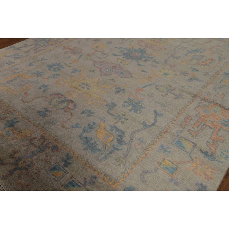 Floral Grey Oushak Indian Area Rug Hand-Knotted Wool Carpet - 7'11" x 9'10"