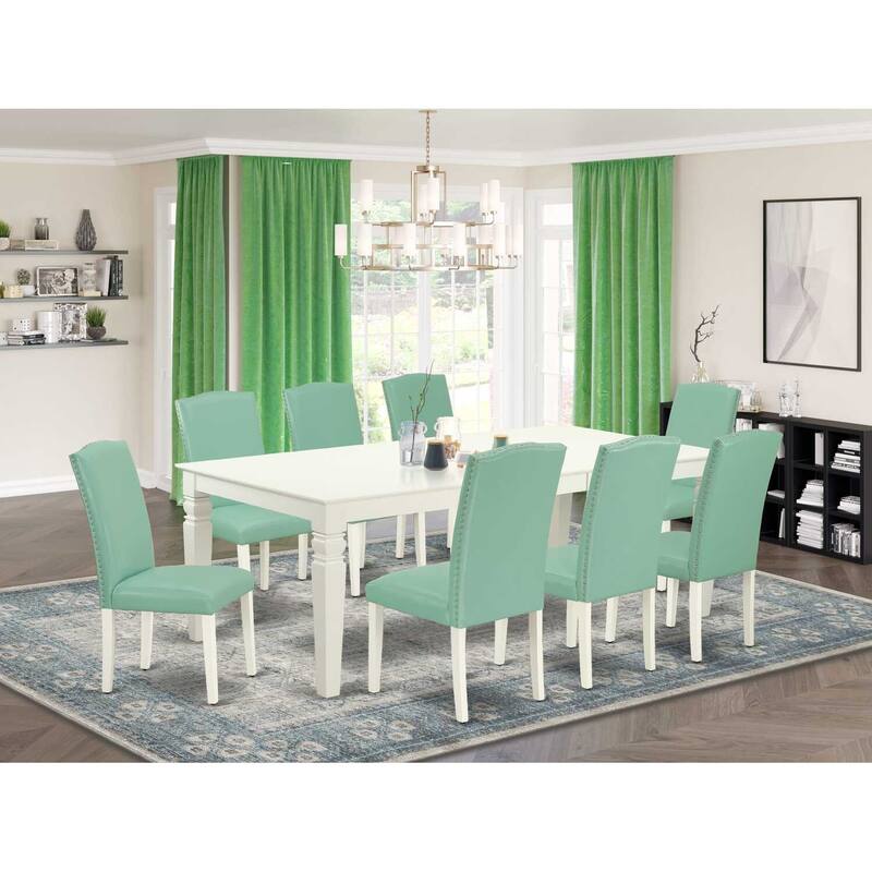Rectangle Kitchen Dining Table Set 9pc - 66/84 Inch Table w/ Leaf & 8 Chairs - Linen White Legs, Pond PU Leather