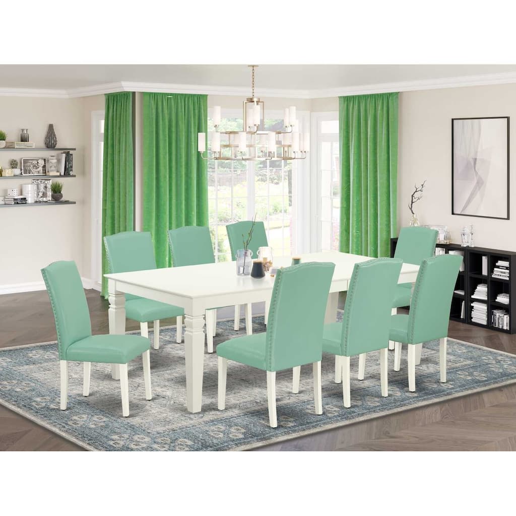 Rectangle Kitchen Dining Table Set 9pc - 66/84 Inch Table w/ Leaf & 8 Chairs - Linen White Legs, Pond PU Leather