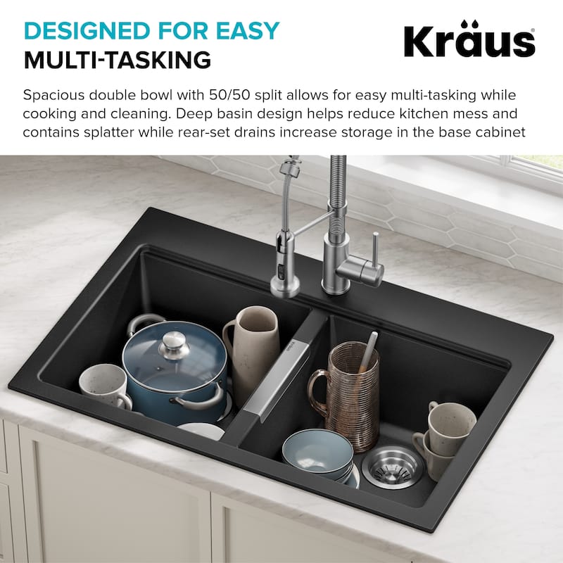 KRAUS Granite 33 inch 2-Bowl Undermount Drop-in Kitchen Sink