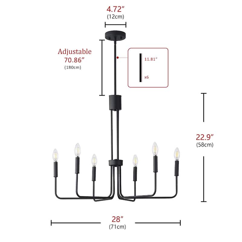 Farmhouse Black 6-Light Classic Candle Metal Chandelier for Dining Room
