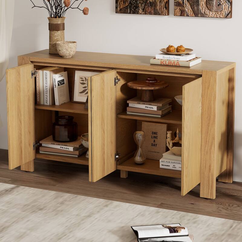 Buffet Cabinet with Storage, 4-Door Retro Wood Sideboard with Distressed Finish and Adjustable Shelves .