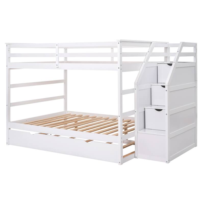 Bunk Bed with Trundle with Safety Guardrail and 3 Storage Stairs, Triple Bunk Multifunctional Space-Saving Solution for Bedroom