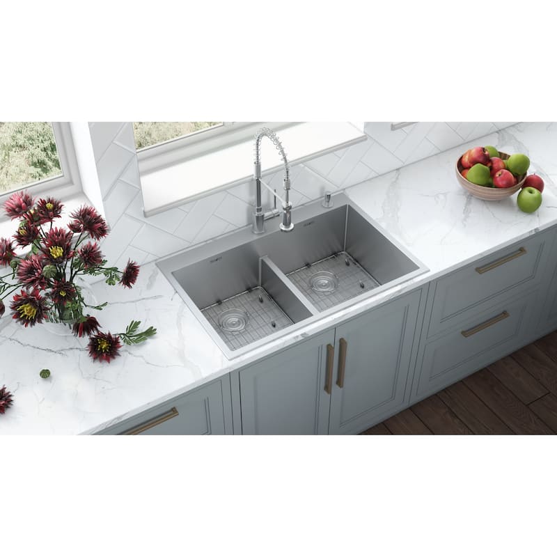 Ruvati 33 x 22 inch Drop-in 50/50 Double Bowl Tight Radius 16 Gauge Topmount Stainless Steel Kitchen Sink - RVH8051 - 8' x 11'