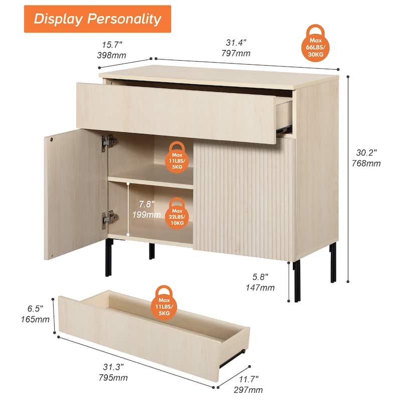 31.5" Wooden Reeded Sideboard With Doors And Drawer, Modern Credenza Storage Cabinet