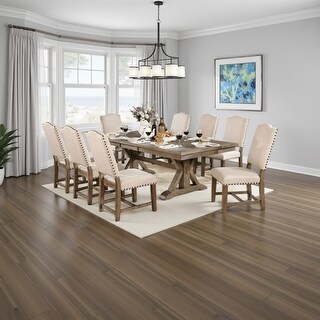 Benjara Juli 9pc Dining Table Set with Expandable Leaf, 8 Beige