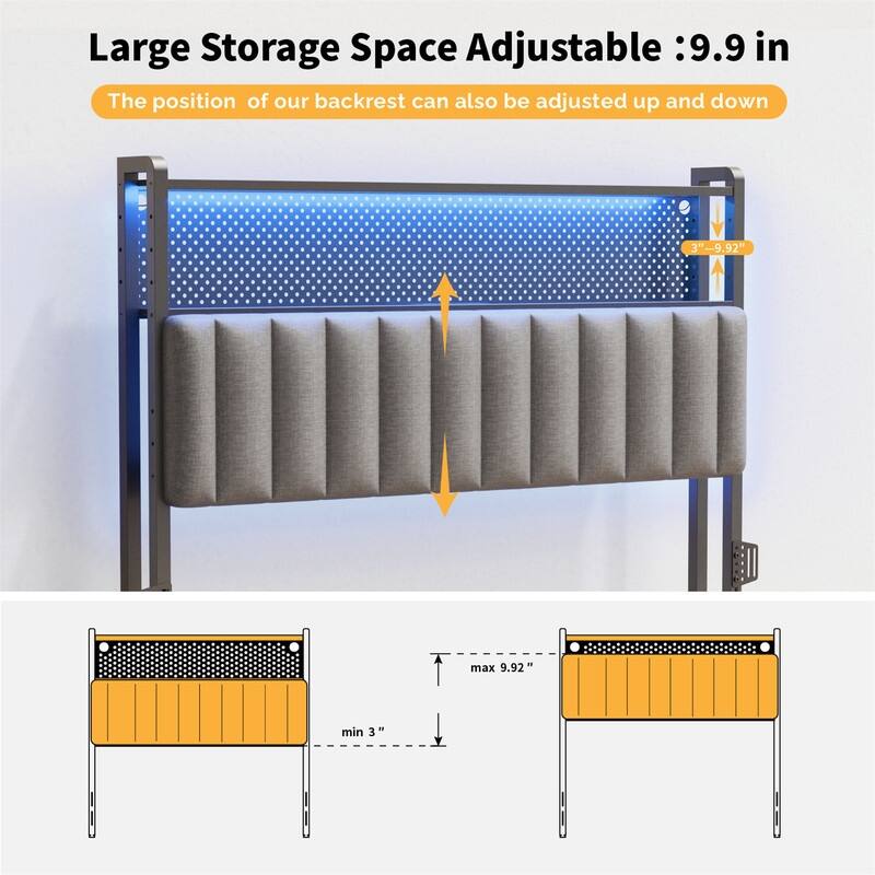 Adjustable Upholstered Headboard with 2 Tier Shelves with Charging Stations and LED Lights, Modern Bed Headboard with Storage